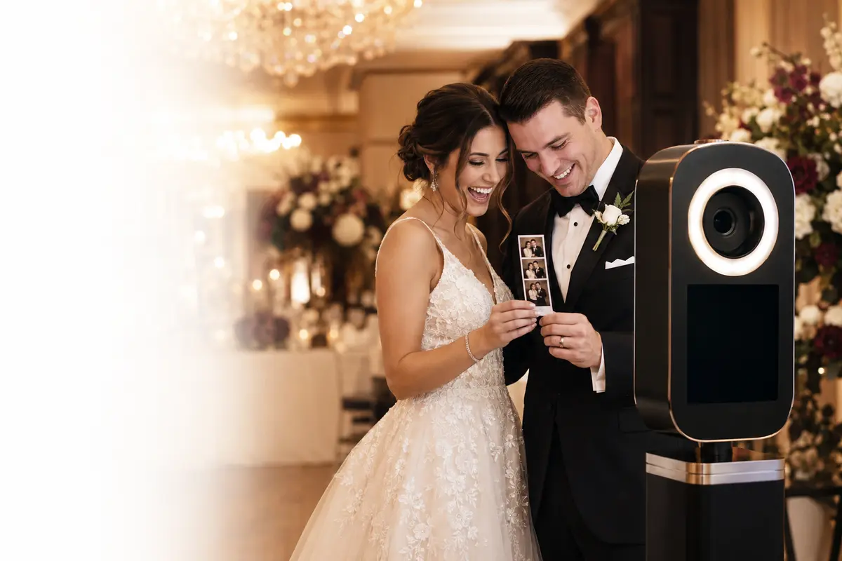 A couple sharing a joyful moment at a photo booth